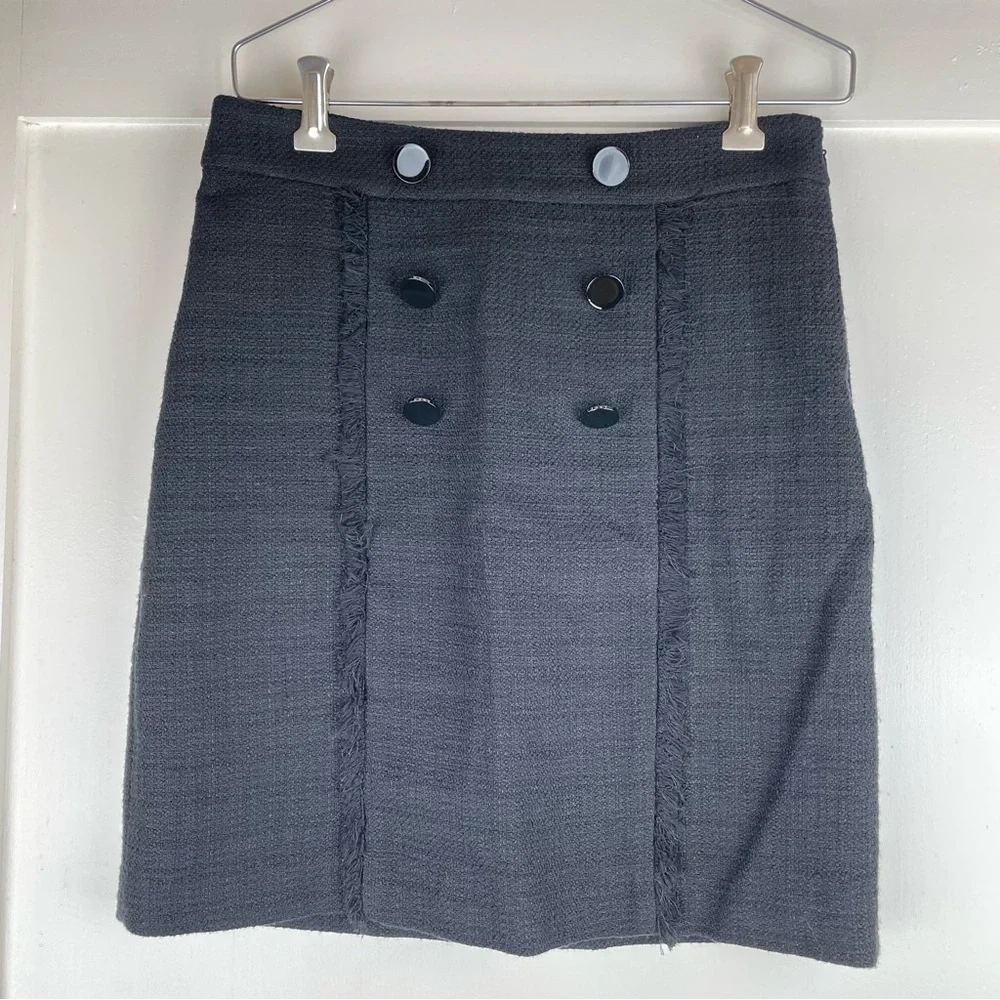Karl Lagerfeld Fringe Mini Skirt Women's Size 2 Buckle Black Six Buttons Office - Picture 1 of 12